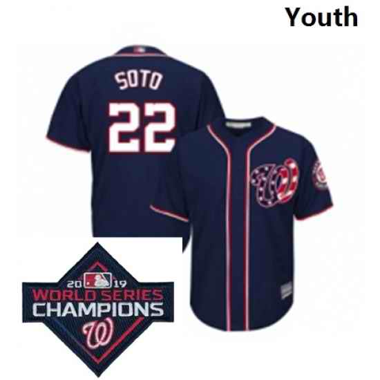 Youth Washington Nationals 22 Juan Soto Navy Blue Alternate 2 Cool Base Baseball Stitched 2019 World Series Champions Patch Jersey